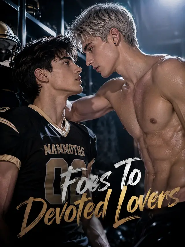Foes To Devoted Lovers poster — two leads in a football locker room, one in a black-and-gold MAMMOTHS 02 jersey, the other silver-haired, locked in a charged standoff
