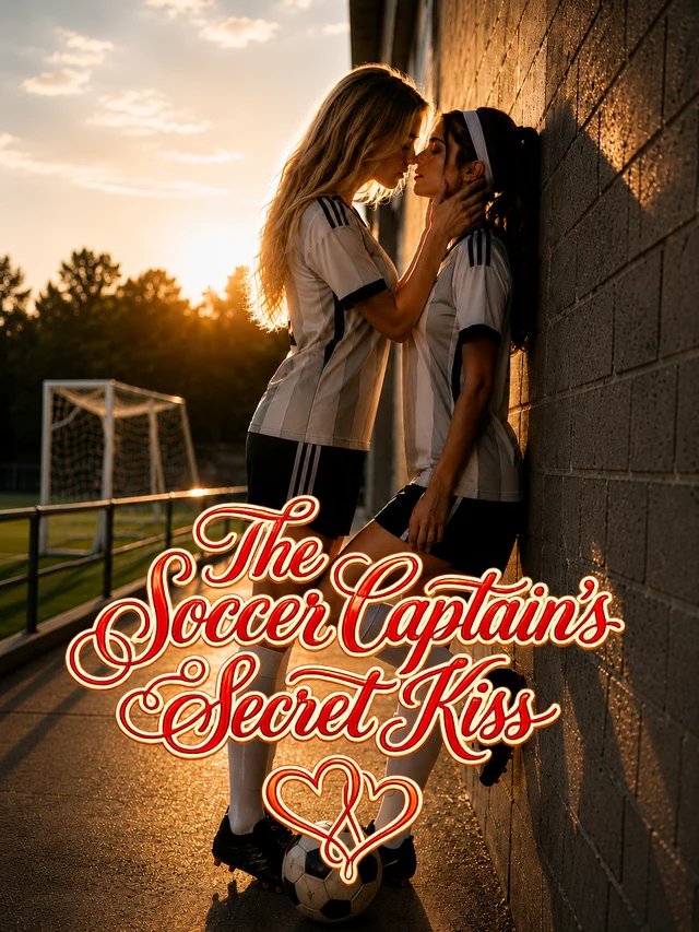 The Soccer Captain's Secret Kiss poster — two girls in matching soccer kits at sunset by the pitch, the blonde cradling the brunette captain's face as their lips almost meet, the title in glowing red script with twin hearts and a soccer ball below