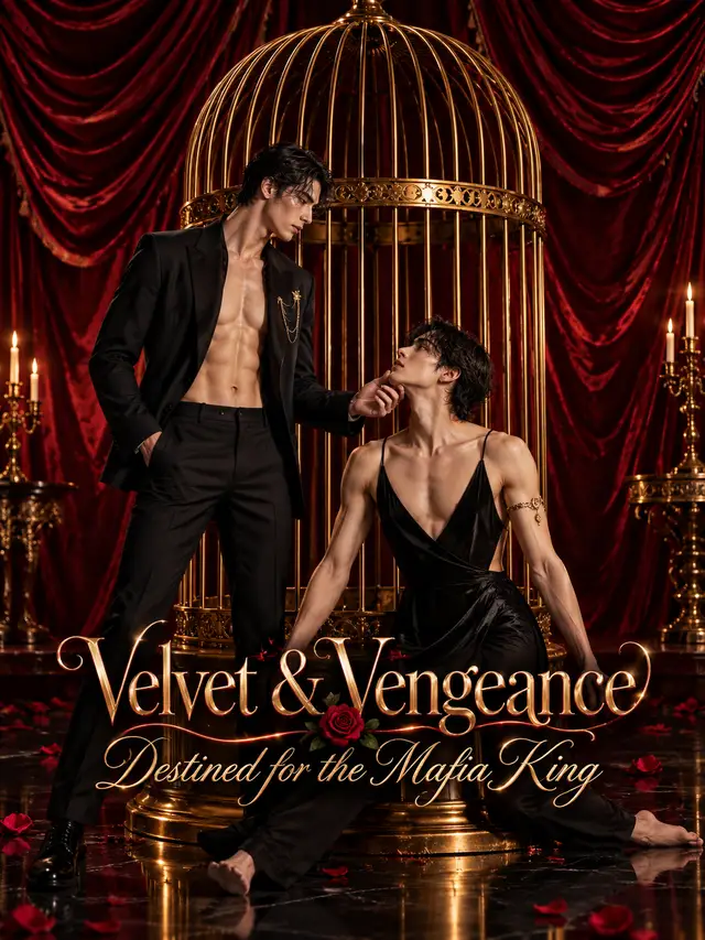 Velvet and Vengeance poster — a masked dancer in a black velvet outfit kneels inside a gilded birdcage on a rose-petal-strewn floor, looking up at a suited man with a gold chain who lifts his chin, against wine-red velvet drapes and lit candelabras, title in gold script