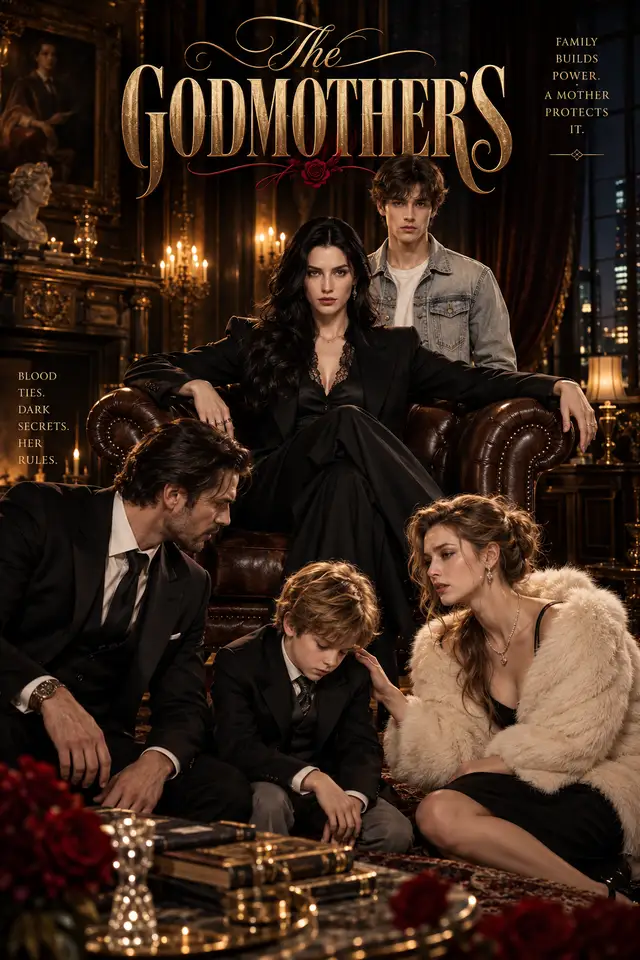The Godmother poster — dark-haired matriarch in black lace and suit seated at the center of her fur-coat dynasty, family arranged around her in a candlelit vintage drawing room, tagline reads "Family builds power. A mother protects it."
