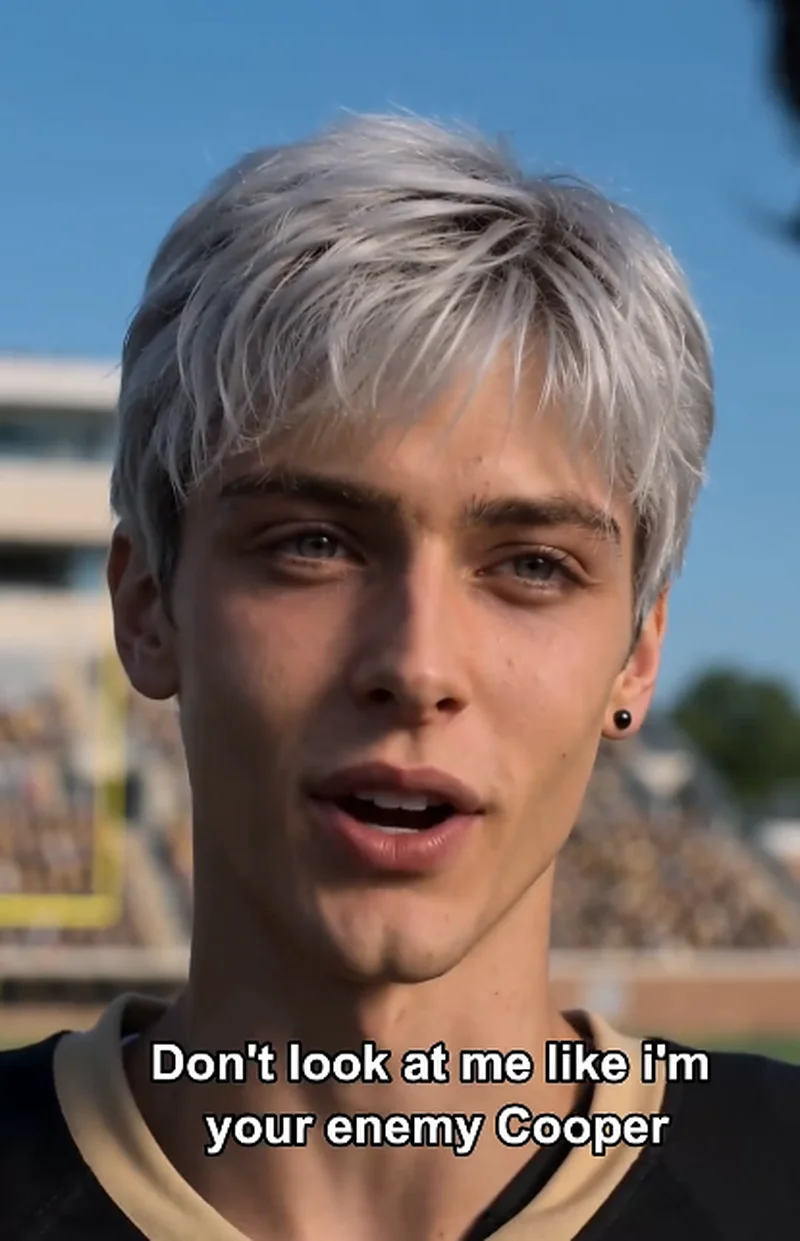 Close-up of Dylan (silver hair, left earring, black and gold football jersey) on a sunny football field, subtitle reads 