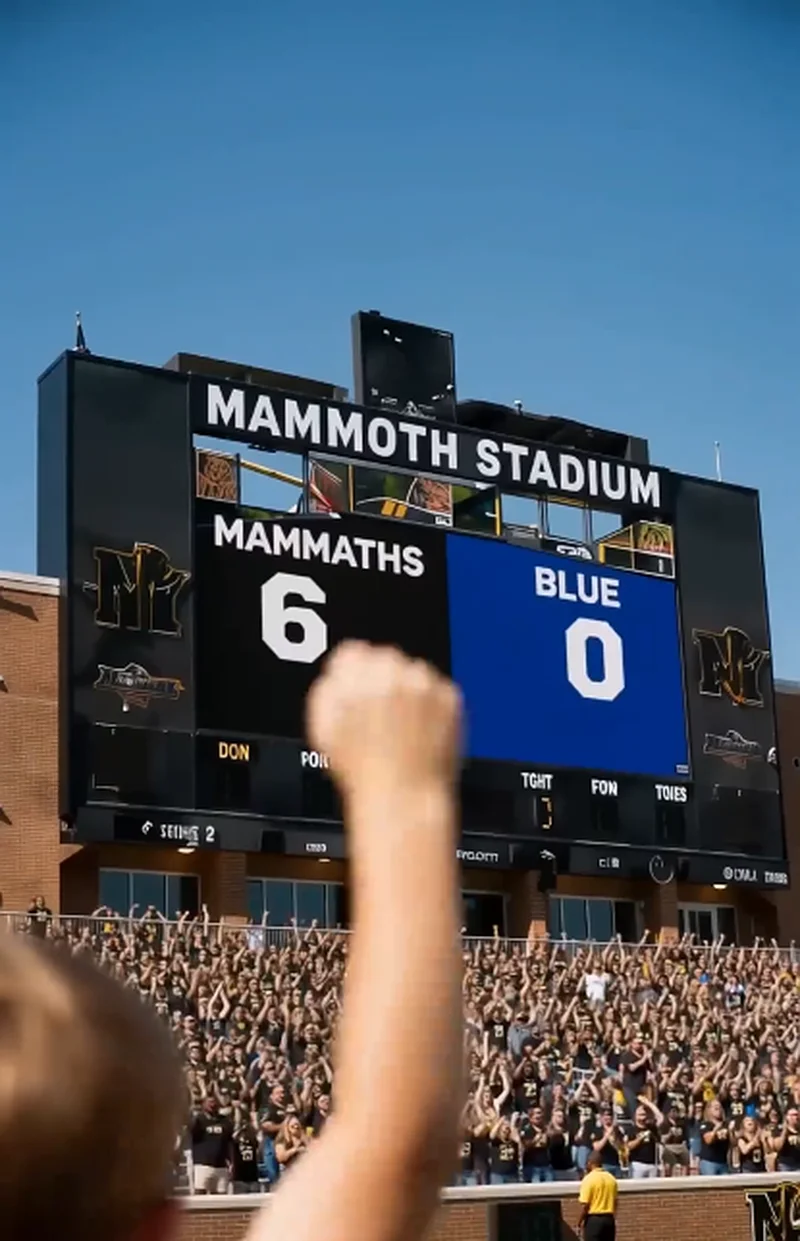 Wide view of the packed football stadium under a clear blue sky, the giant scoreboard reading Mammoths 6, Blue 0 as cheering fans fill the bleachers.