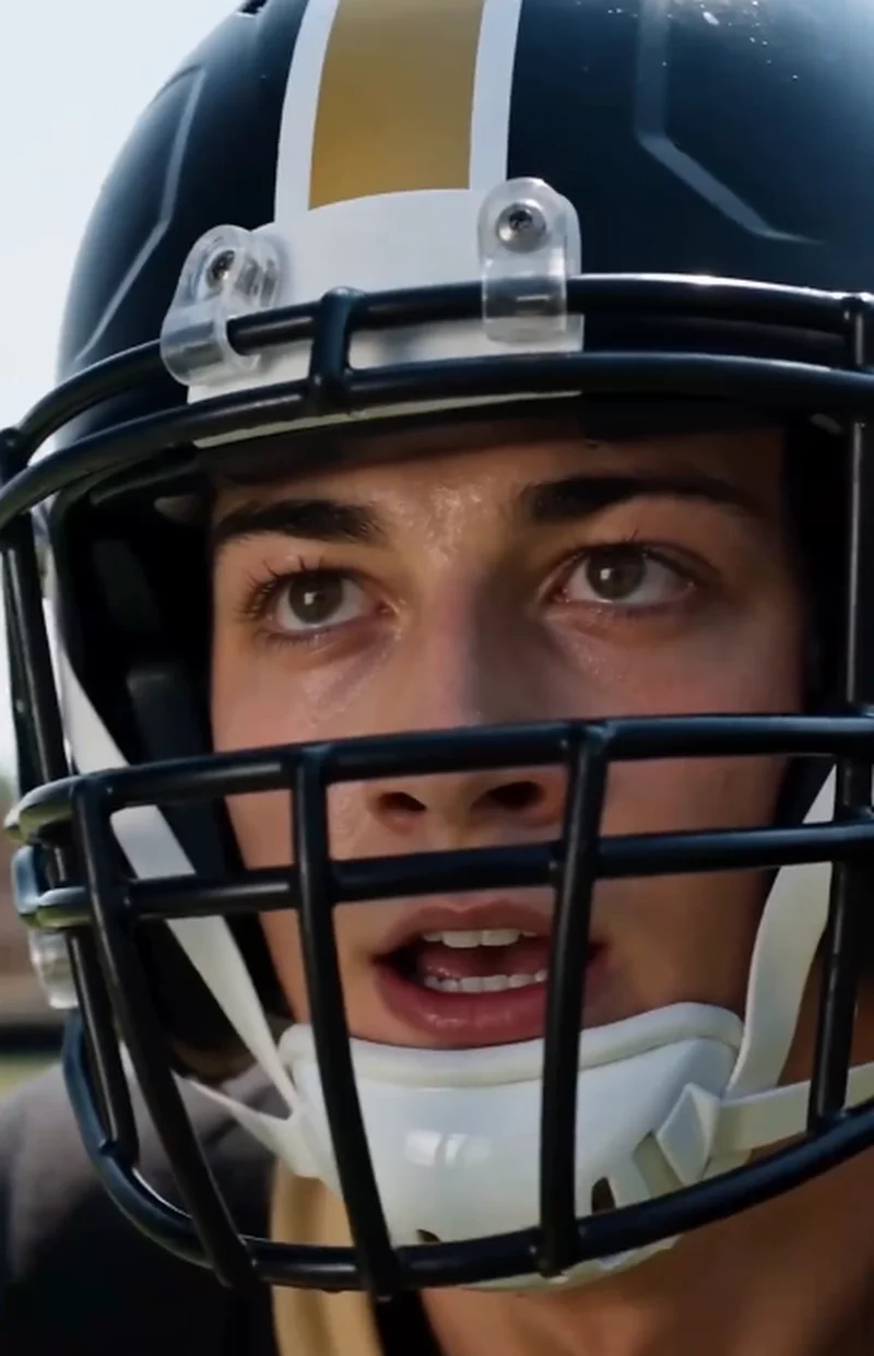 Close-up of a young player wearing a black, gold and white football helmet, eyes locked forward with sweat on his face.
