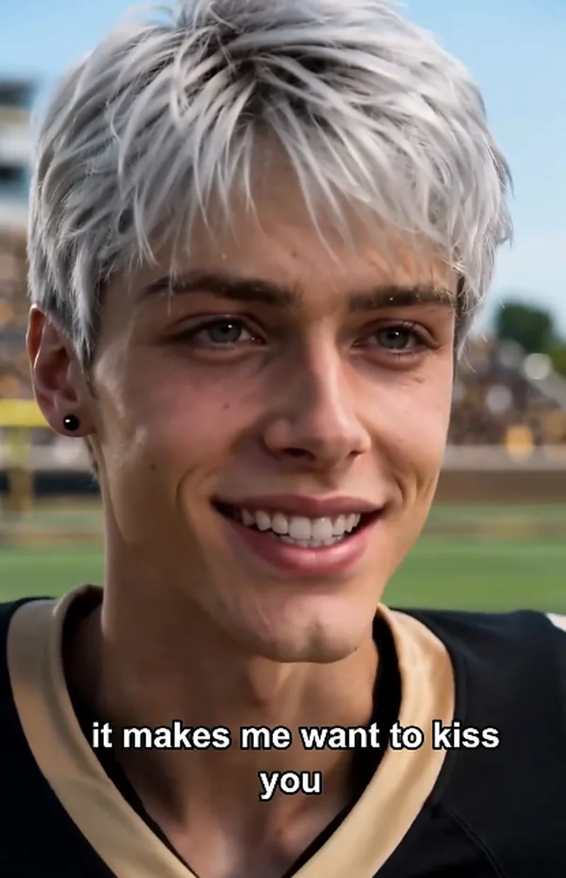 Close-up of Dylan (silver hair) smiling brightly in his football uniform, subtitle reads 