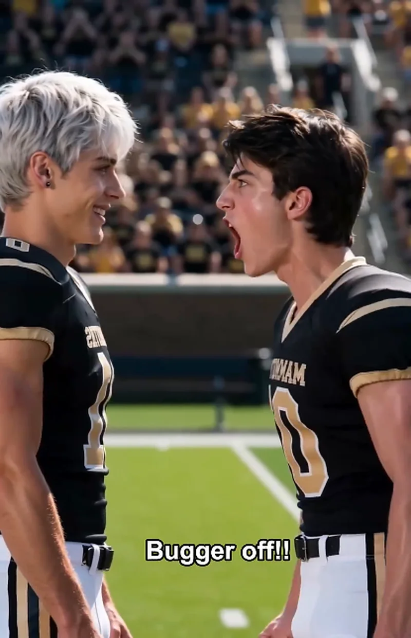 A flustered Ethan (dark brown hair) yells at a still-smiling Dylan on the field, subtitle reads 