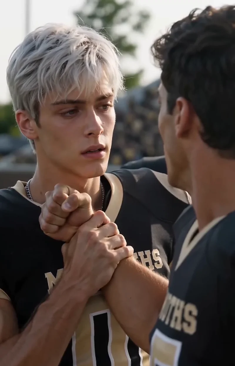 On the football field, Dylan (silver hair) grips Ethan's wrist, both in black and gold uniforms, his expression serious.