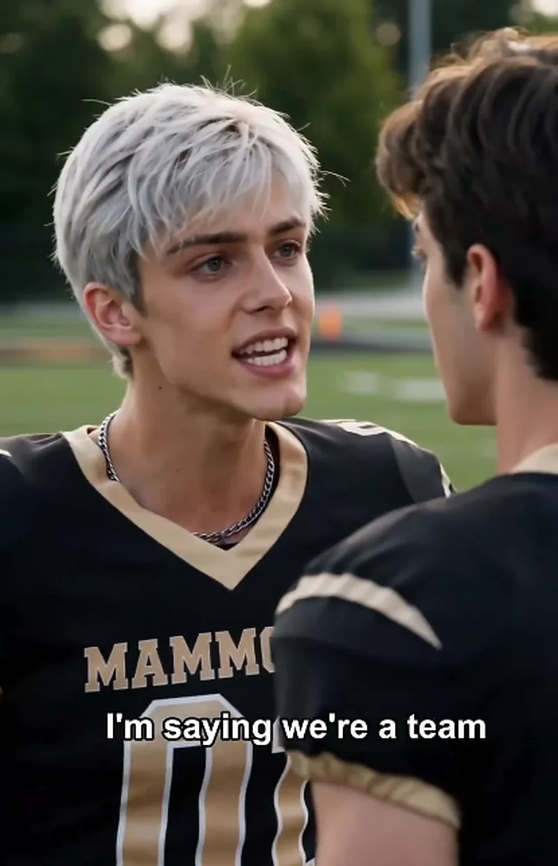 Dylan (silver hair) smiles at Ethan on the field, subtitle reads 
