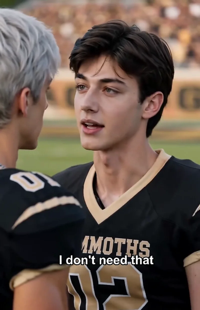 Ethan (dark brown hair) pulls his arm away with a resistant look, subtitle reads 