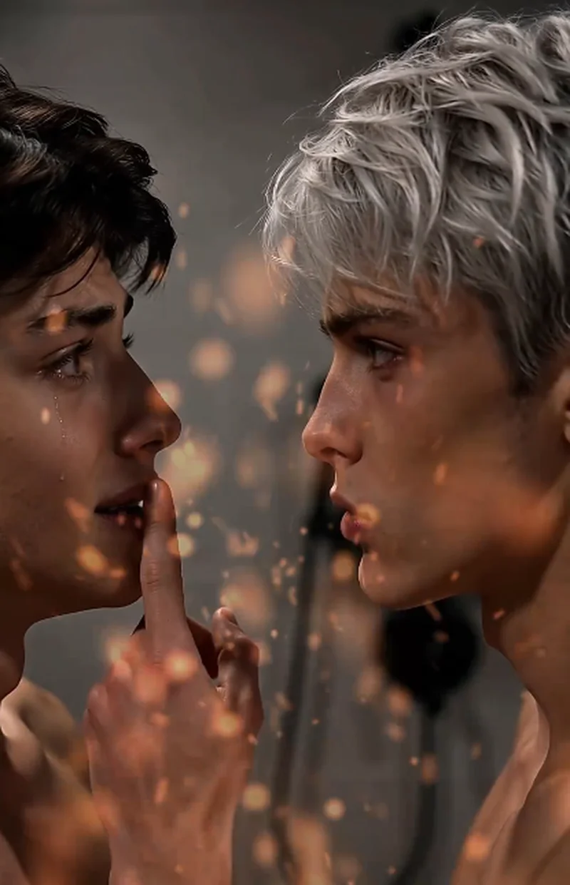In the shower, Dylan (silver hair) presses a finger to the lips of a tearful Ethan (dark brown hair), the two inches apart in warm golden light.