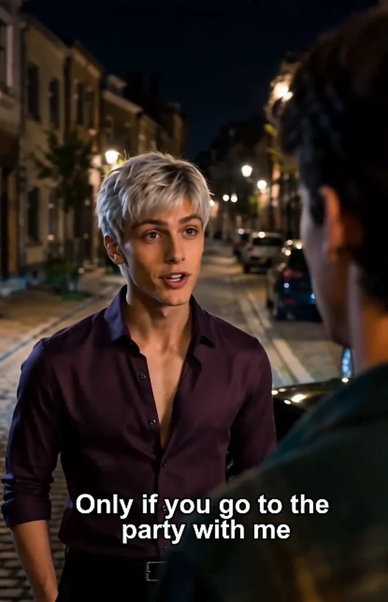 Dylan (silver hair, dark purple button-down shirt, open collar) stands on a cobblestone street at night under warm streetlamps, facing Ethan (seen from behind), subtitle reads 