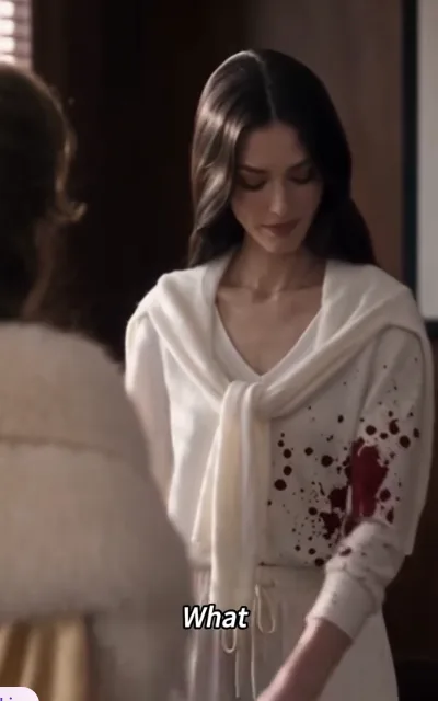 Valencia in blood-splattered white top staring down at the blood, subtitle: What