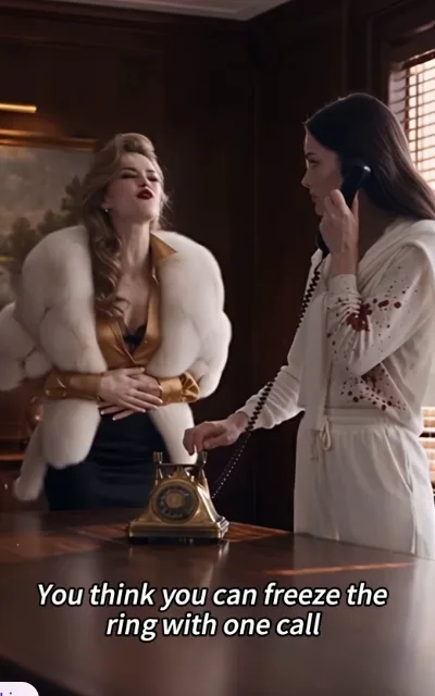 The two women face off in a wood-paneled office by a rotary phone, Valencia's sleeve bloodied, subtitle: You think you can freeze the ring with one call