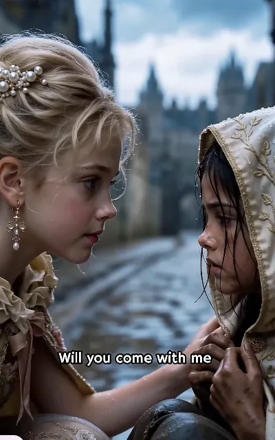 Young princess Leonora in an ivory dress steadies the tear-streaked homeless girl Serena on a rain-washed castle path, asking "Will you come with me"
