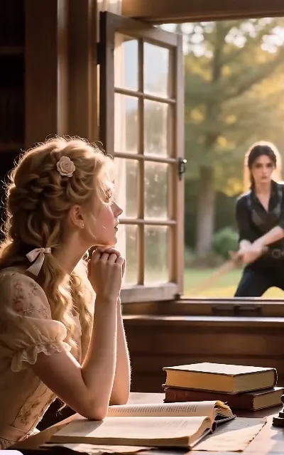 Princess Leonora rests her chin on her hand at a book-laden desk, gazing out the window where young knight Serena practices sword drills on the sunlit lawn