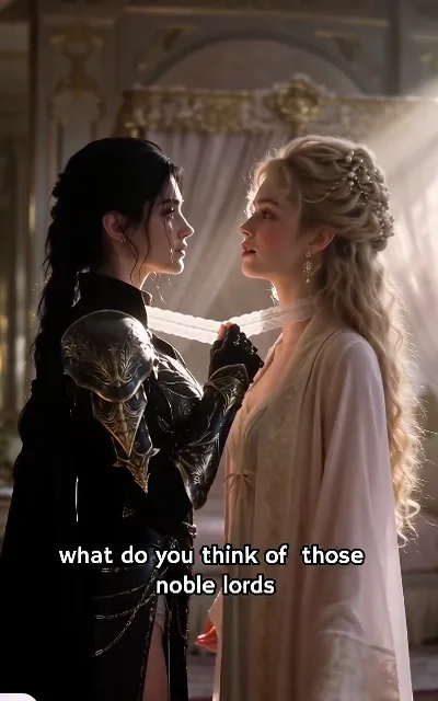 Knight Serena lifts the white lace ribbon at Princess Leonora's neck, their faces inches apart in the dressing room as she asks "What do you think of those noble lords"