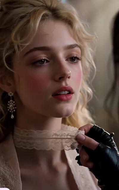 Close-up of Princess Leonora, lashes lowered, as Serena's gloved hands raise a cream lace choker toward her neck in the wardrobe room