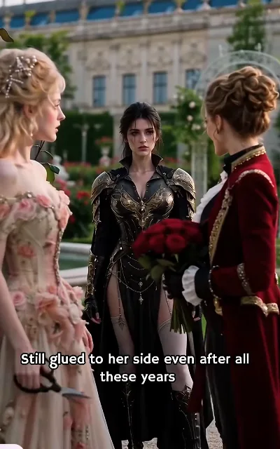 In the rose garden, Lady Elara in a wine-red uniform strides between princess and knight, remarking "Still glued to her side even after all these years"
