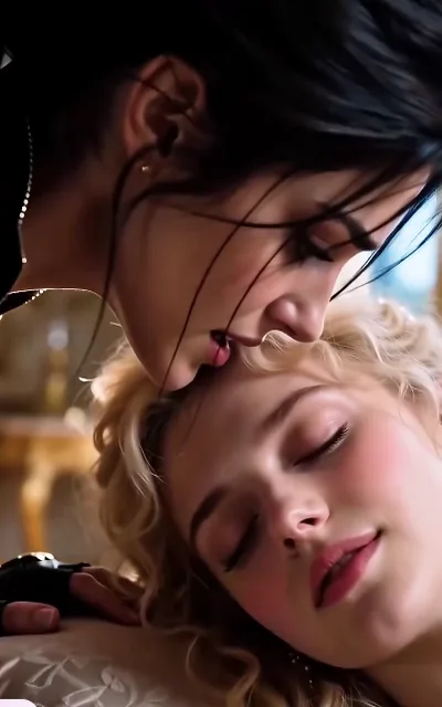 Serena bends over the sleeping princess on a gilded sofa and presses a gentle kiss to her forehead