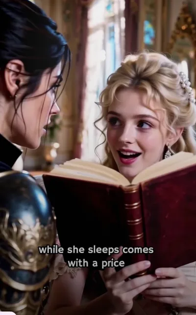 Princess Leonora hugs a thick book and grins up at Serena, "While she sleeps… comes with a price"
