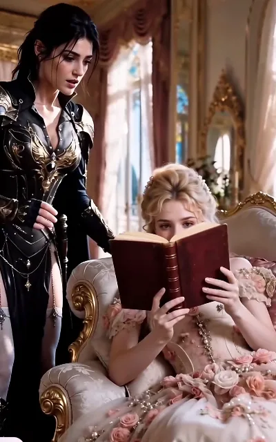 Caught red-handed: the "sleeping" princess peeks over her book at the knight frozen mid-lean