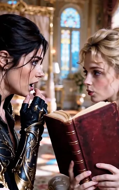 In the stained-glass palace hall, a stunned Serena stares at the old red book her princess holds out to her