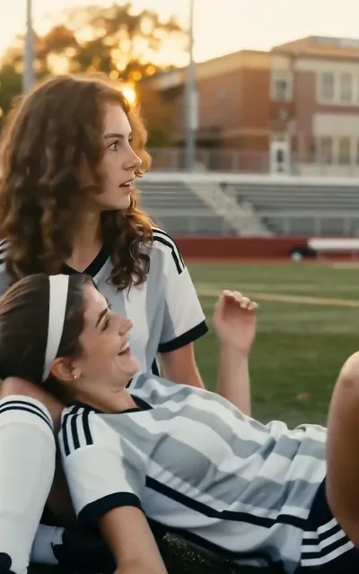Two teammates lie back on the training pitch grass, side by side, turning their heads to look at each other in warm afternoon light