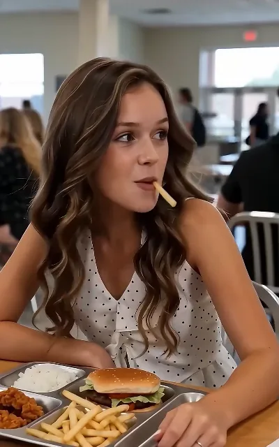 Fries in mouth, mid-laugh — the cafeteria ease between the two leads