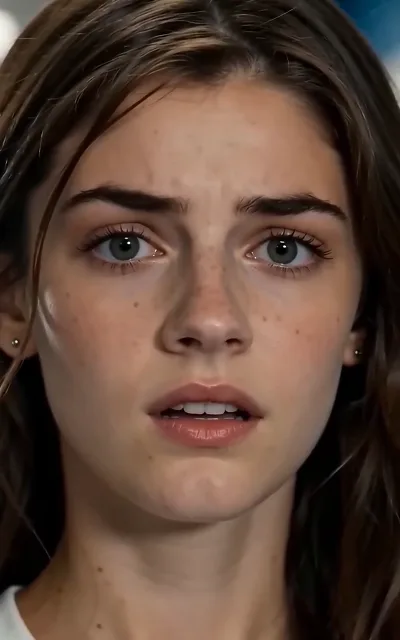 A startled close-up — eyes widening, the breath caught mid-reaction