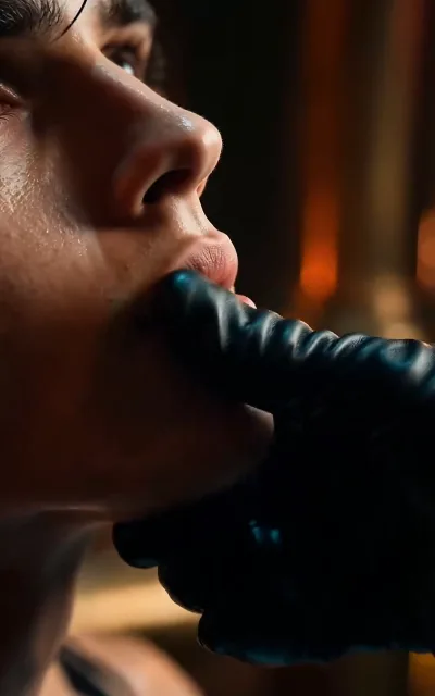 A black leather-gloved hand grips a young man's jaw, sweat on his skin, dim warm light — the debt collector's first warning touch