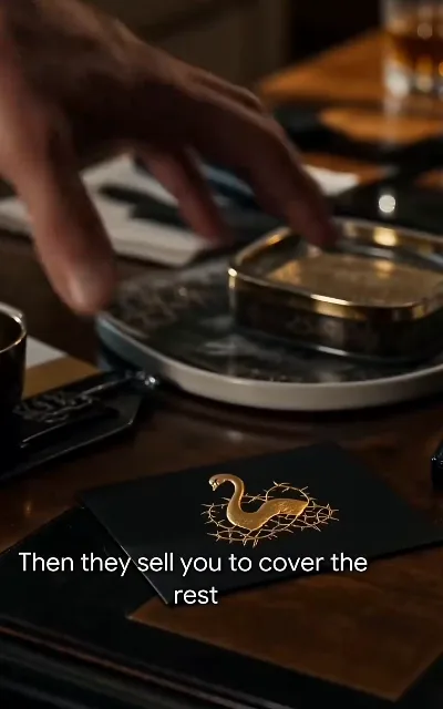 A hand reaches for a gold-trimmed metal box beside a black card bearing a serpent-and-thorns crest: "Then they sell you to cover the rest"