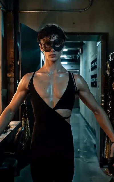 Julian in a black half-mask and plunging bodysuit, poised at the lit corridor mouth before his stage debut