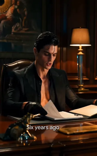 Flashback title "Six years ago": the same cold man in gloves and open suit, thumbing documents at a power desk