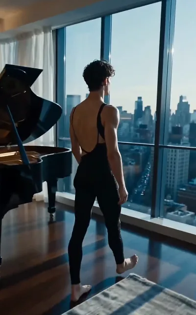 Barefoot in a backless practice suit, Julian stands at the penthouse window beside a black grand piano