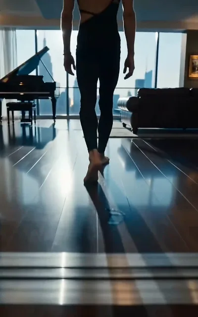 Low angle: the dancer walks barefoot across the reflective penthouse floor, long shadow toward the piano